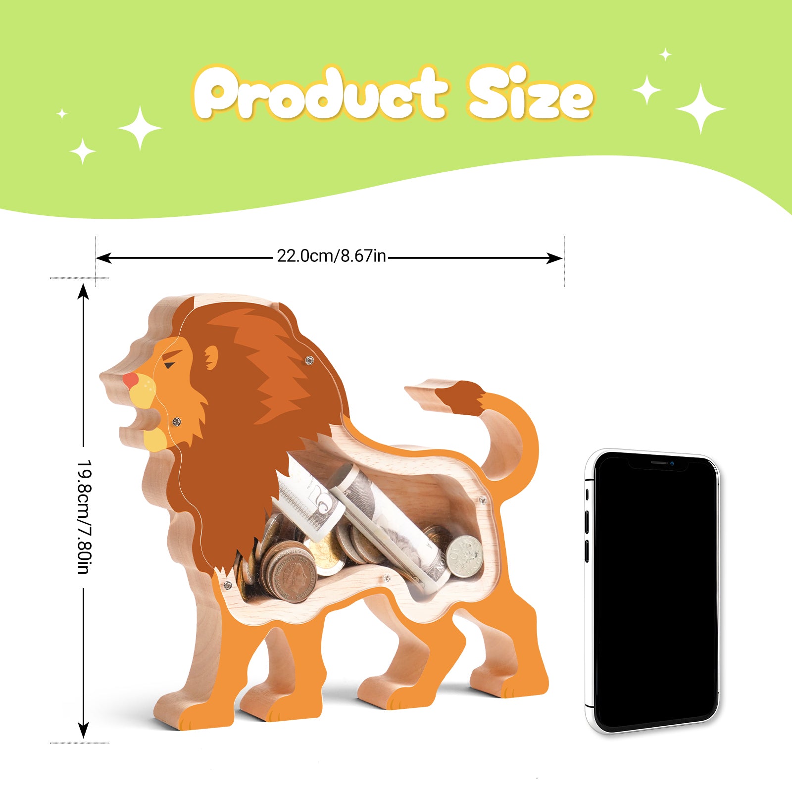 Wooden Lion Piggy Bank for Kids, Lion Piggy Bank with Acrylic Panels