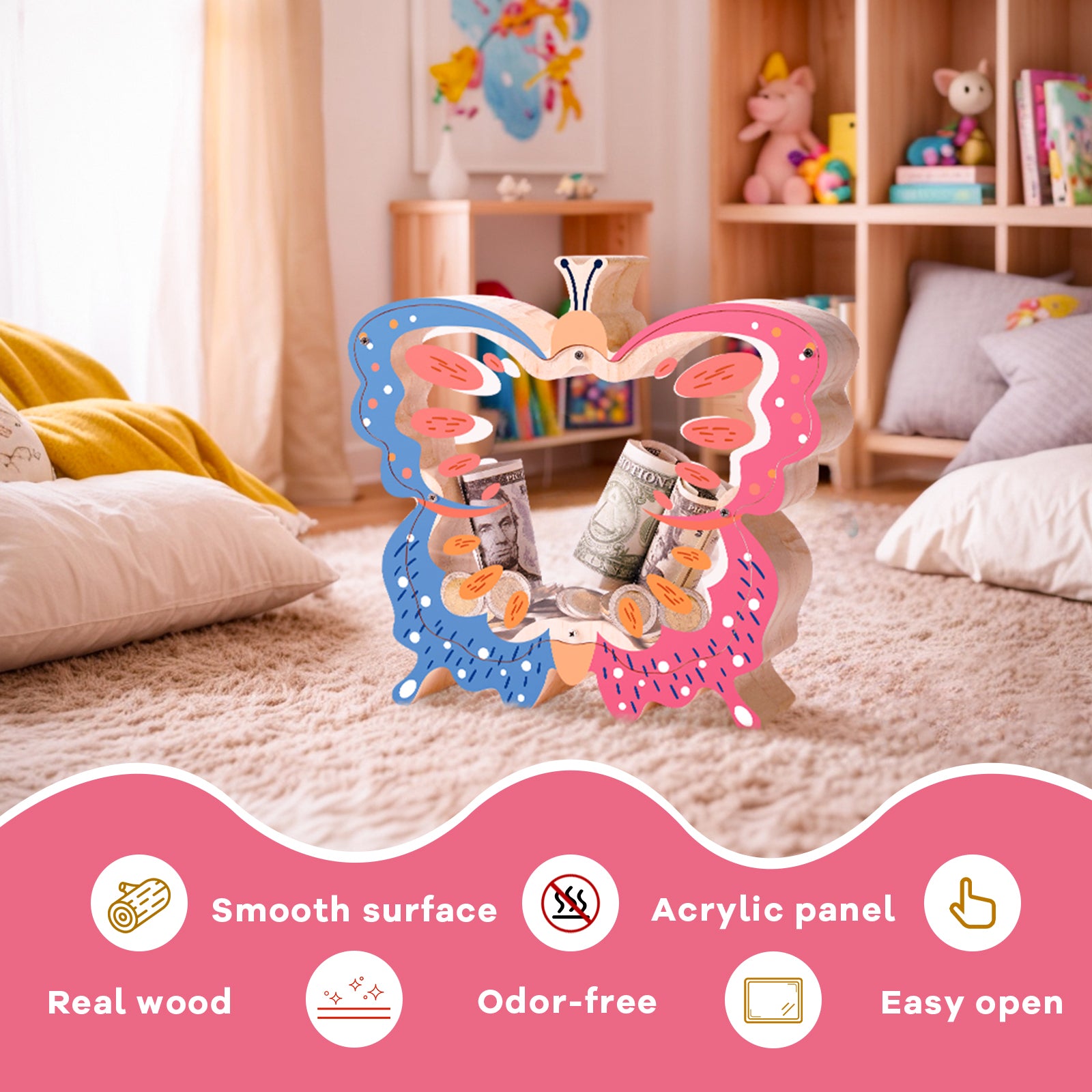 Butterfly Transparent Wooden Coin Bank – Double-Sided Acrylic Design, Whimsical Gift for Kids & Families
