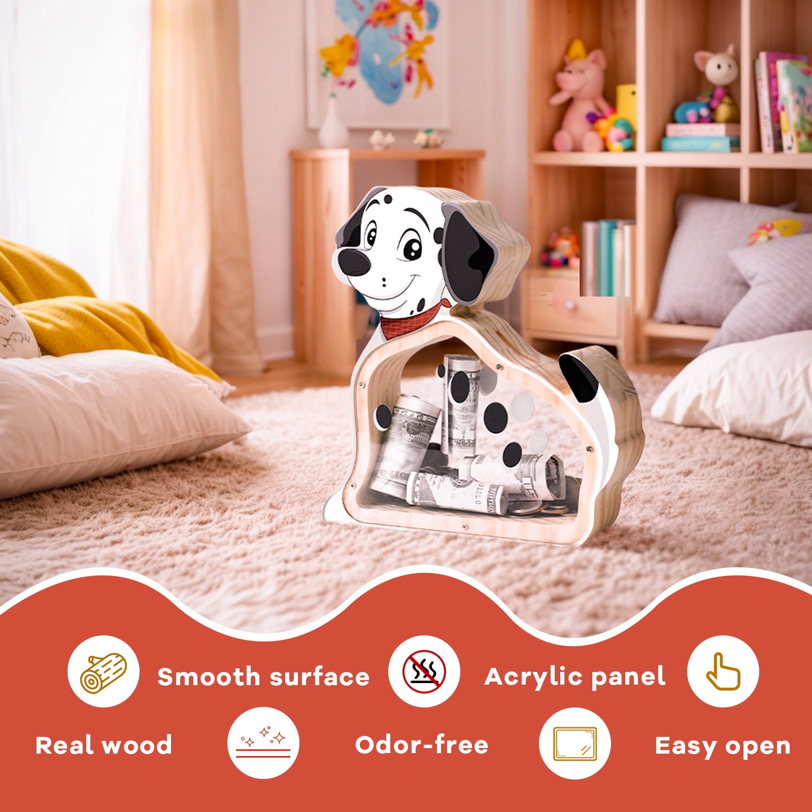 Wooden Dog Piggy Bank - Spotted Savings Fun with Personalization Stickers