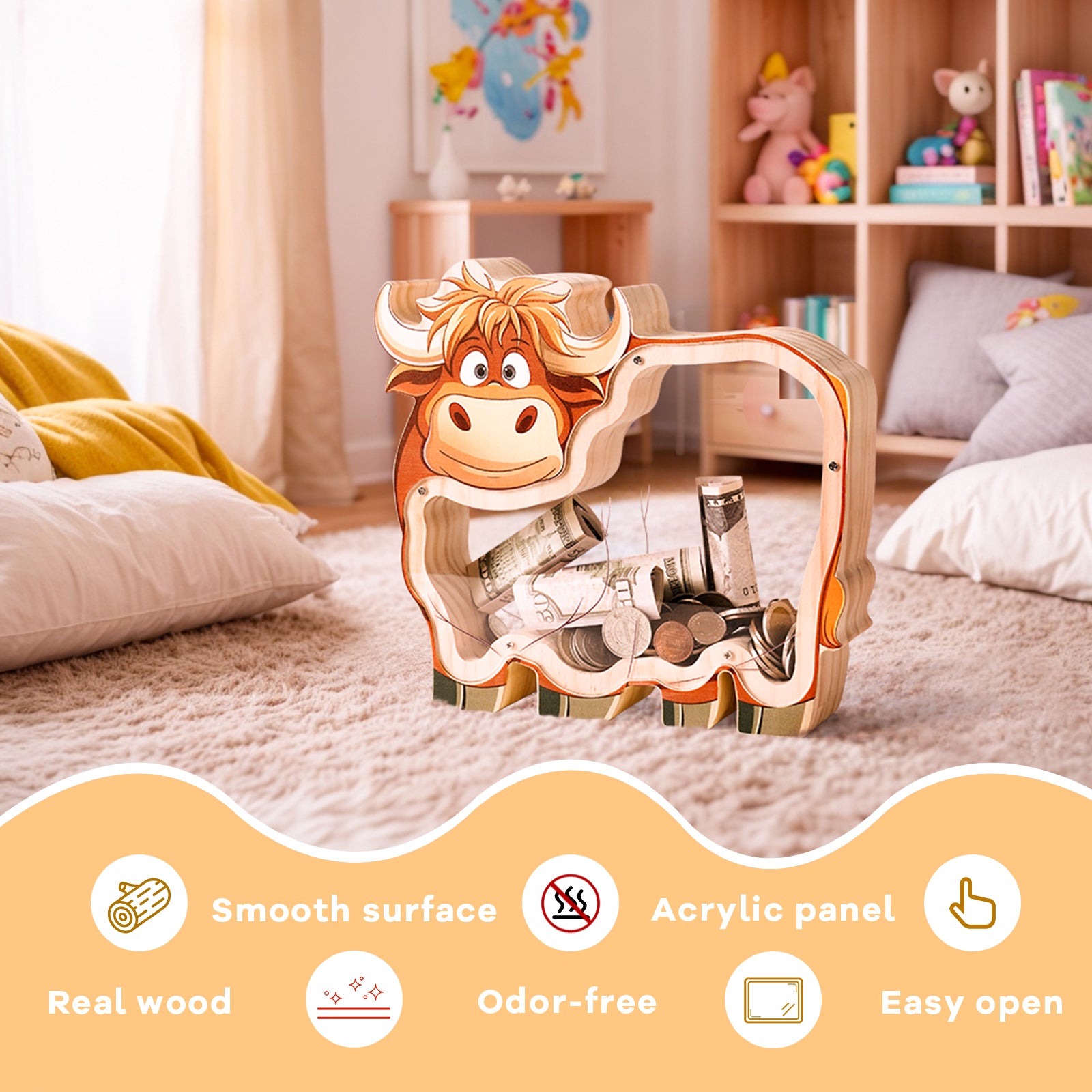 Wooden Cow Piggy Bank - Adorable Barnyard Money Keeper with Transparent Panels