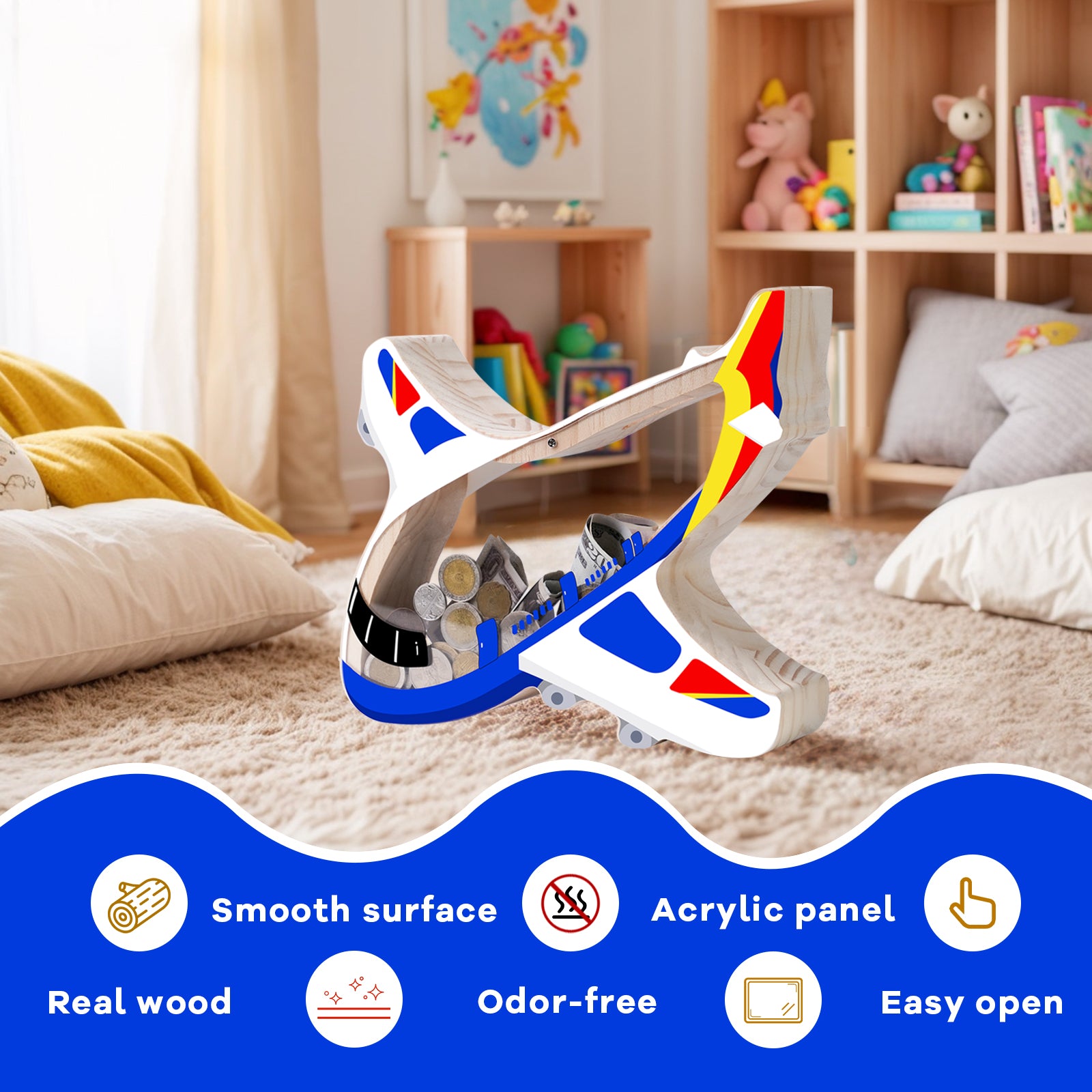 Airplane-Shaped Wooden Piggy Bank – Unique Coin & Cash Saver for Kids, Fun Savings Jar for Boys and Girls
