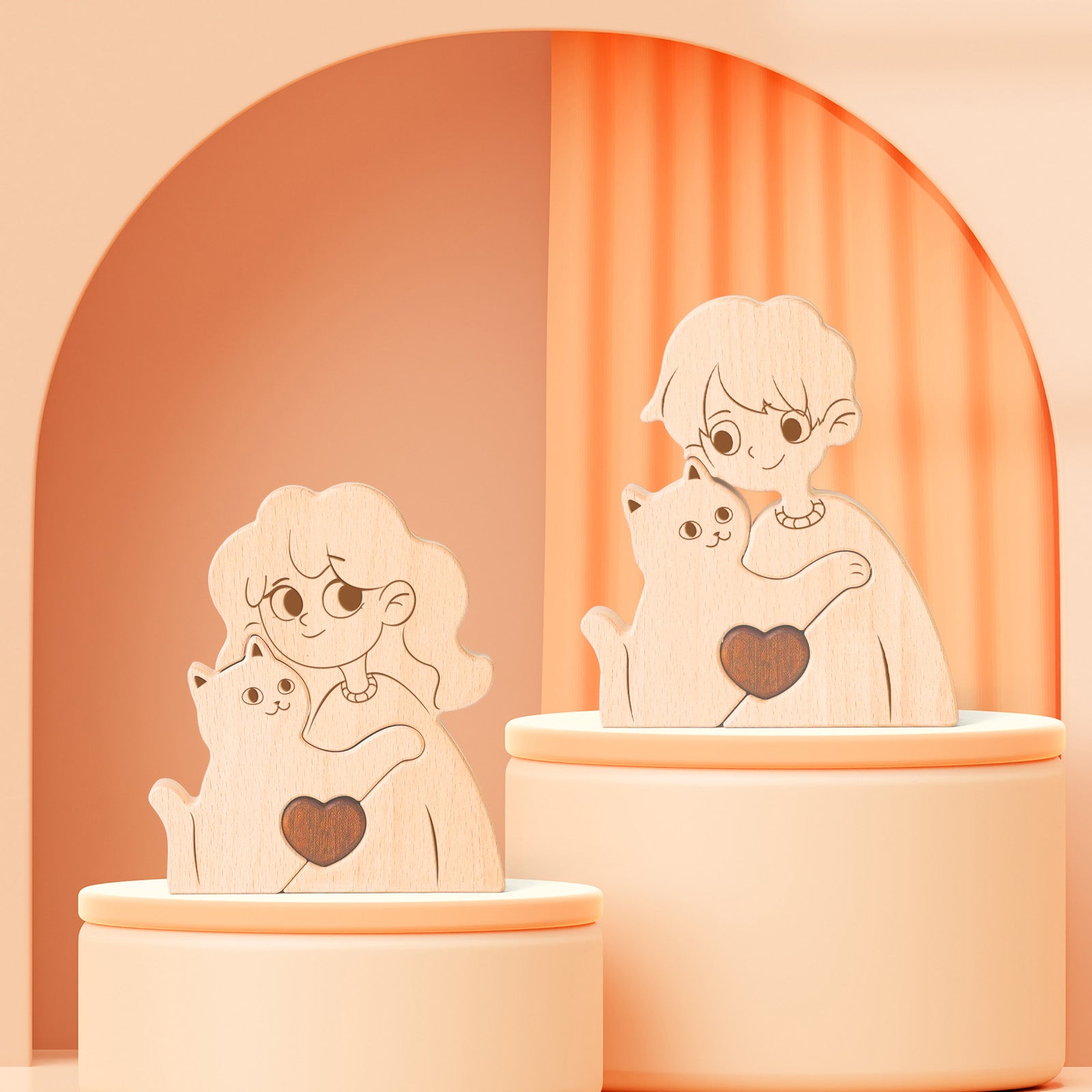 Wooden puzzle of boys/girls and cats, home craft decoration, warm gift