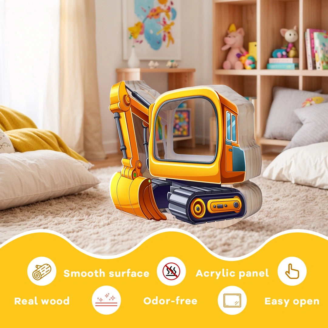 Wooden Excavator Piggy Bank for Kids,Tracked Excavator Money Box,Unbreakable Toddler Saving Coin Jar,Educatinal Toy for Boys Girls, Kids Coin Bank with Letter Sticker for Birthday,Christmas