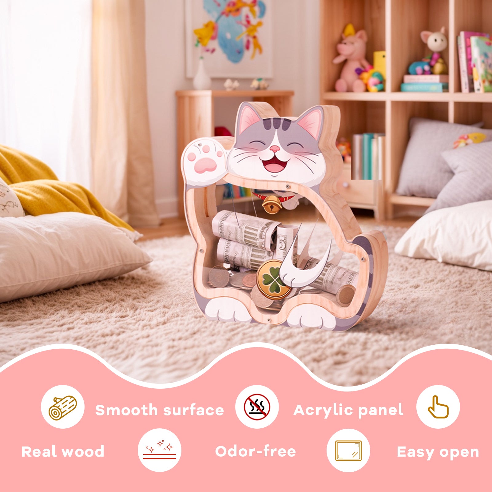 Cat Piggy Bank - Adorable Dual-View Money Box with Personalization Stickers