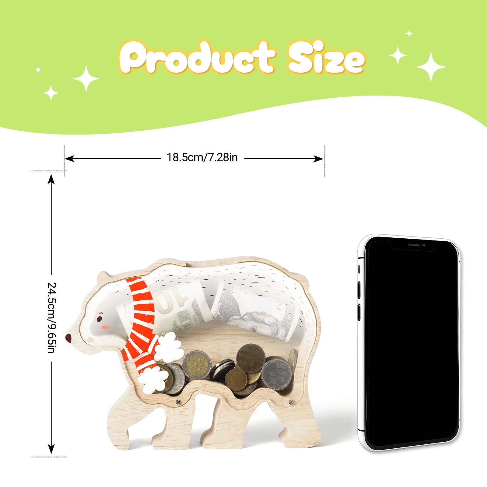 Wooden Christmas Bear Piggy Bank for Kids, Adorable Bear Piggy Bank with Acrylic Panels, Unbreakable Toddler Money Box for Boys Girls, Cute Christmas Saving Coin Jar for Birthday, Decor