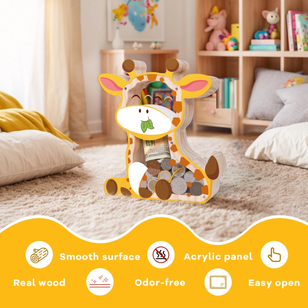 Wooden Giraffe Piggy Bank for Kids – Transparent Acrylic Money Box