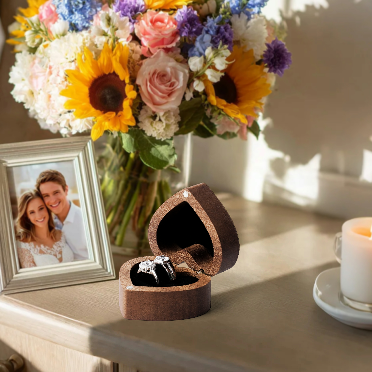 Elegant Heart-Shaped Wooden Ring Box – Perfect for Proposals, Weddings & Jewelry Storage