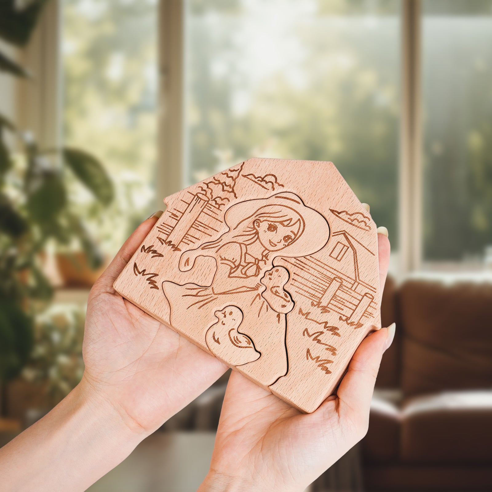 Rustic Wooden Figurine – Girl with Ducks Farmhouse Decor, Handcrafted Hug Keepsake for Home & Gifts