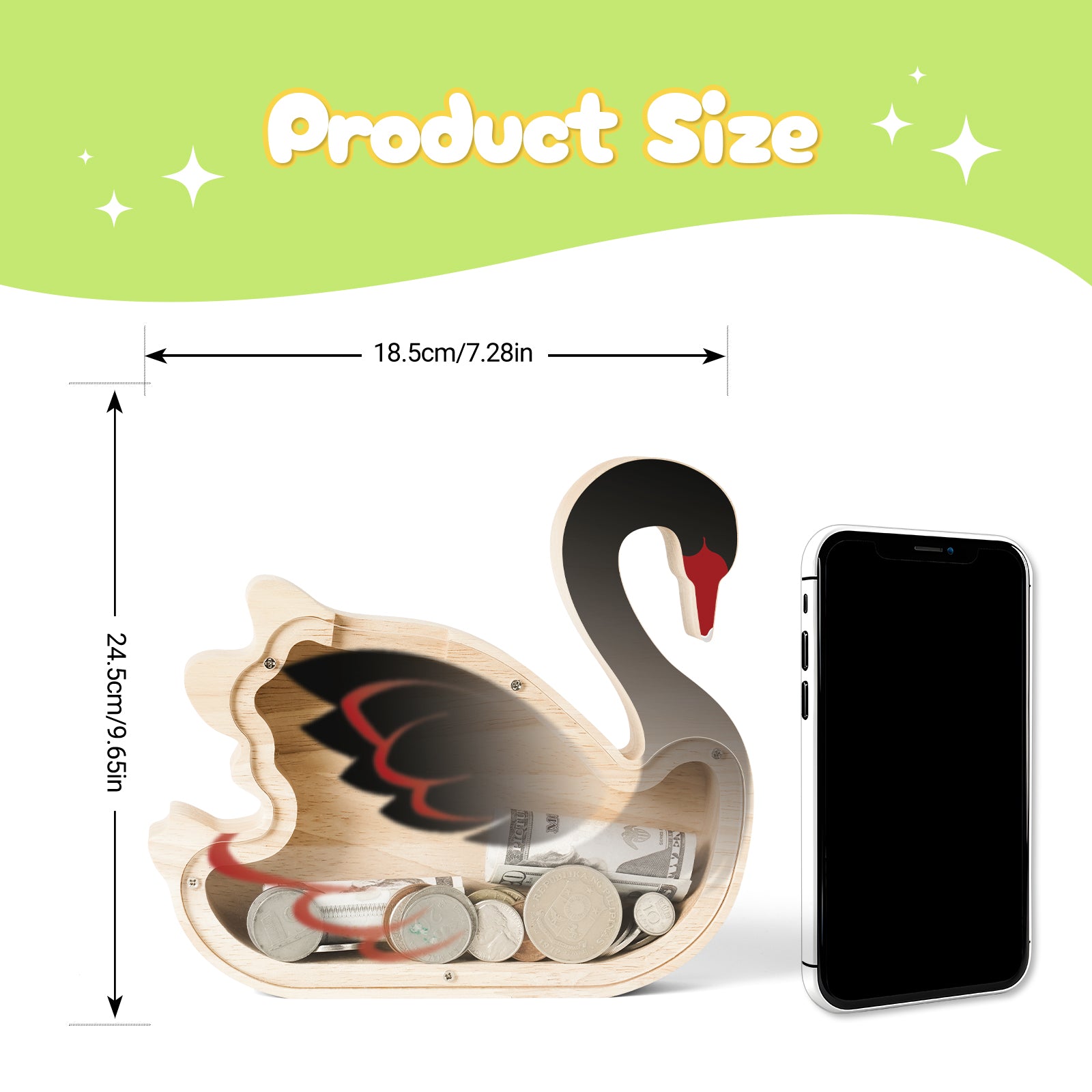 Elegant Black Swan Wooden Coin Bank – Single-Sided Acrylic Design, Decorative Gift for Kids & Families