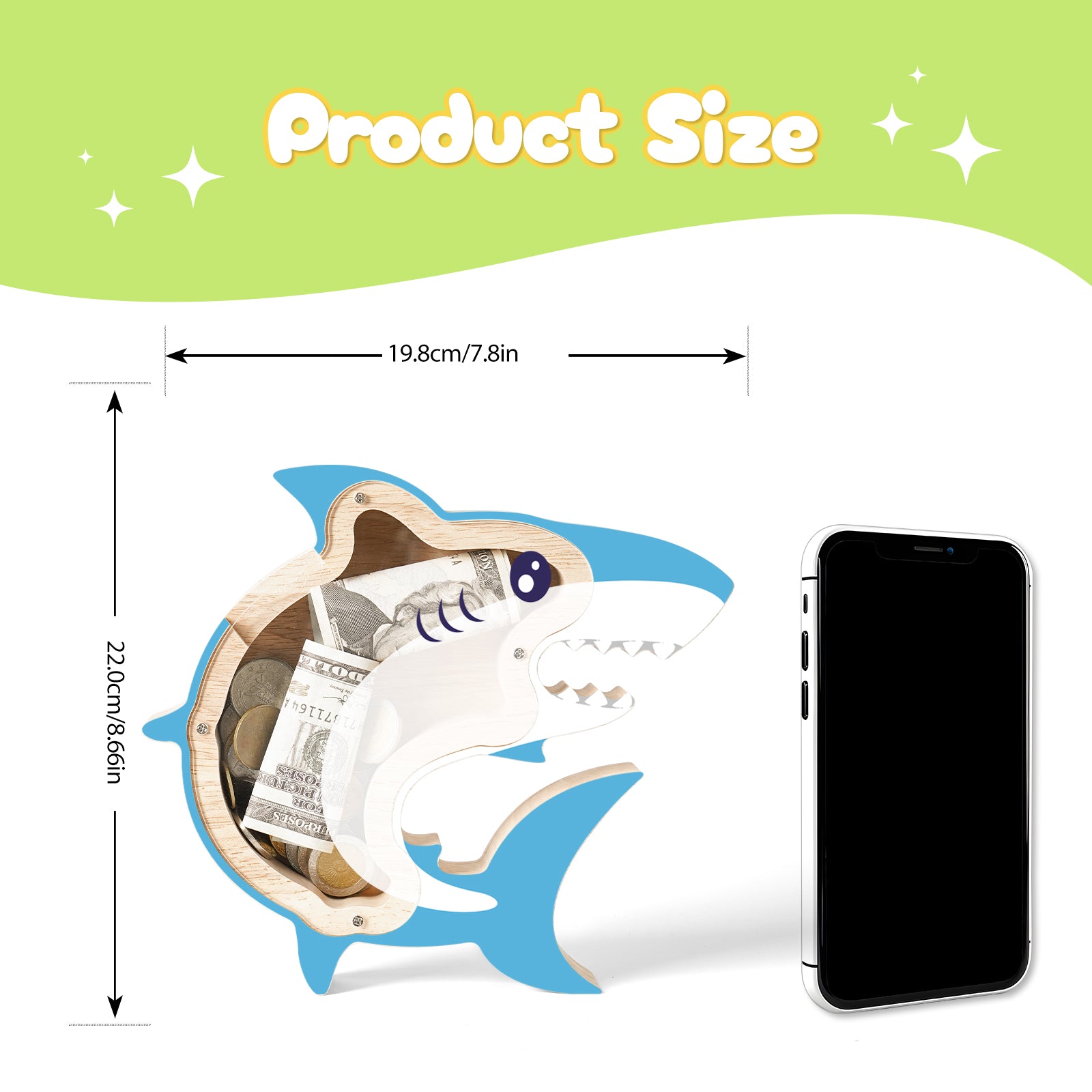 Wooden Shark Piggy Banks for Kids, Adorable Shark Piggy Bank with Acrylic Panels, Unbreakable Toddler Money Box for Boys Girls, Cute Saving Coin Jar for Birthday, Décor