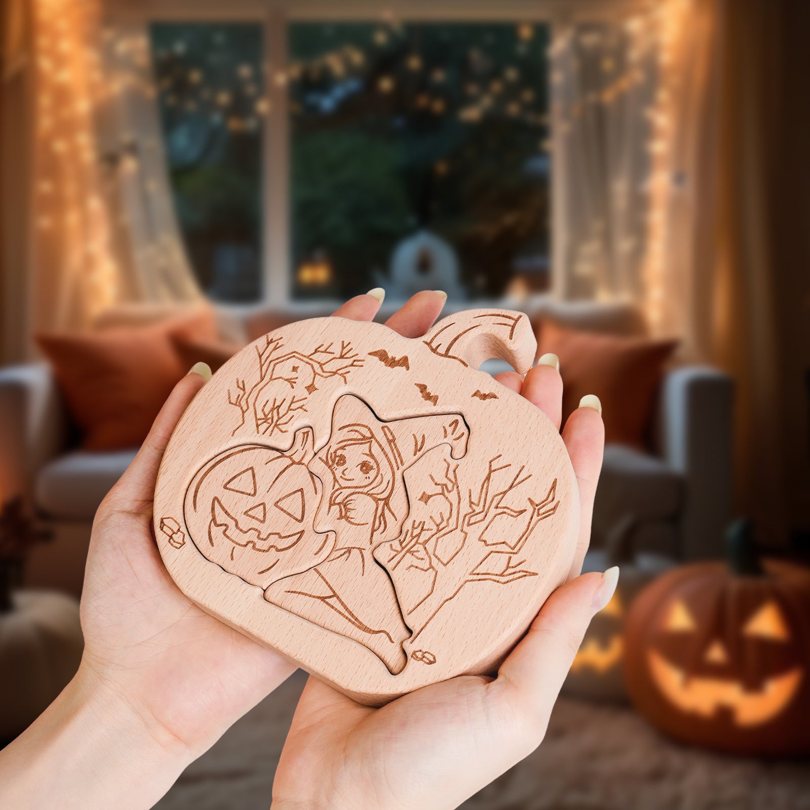 Wooden Halloween Pumpkin Puzzle – Witch & Jack-O'-Lantern Decorative Ornament for Kids & Adults, Fall Home Décor, Unique Gift Idea