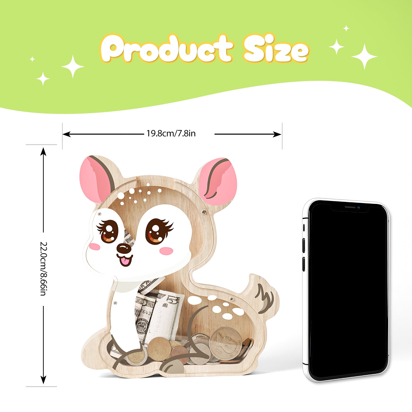 Wooden Deer Coin Bank with Clear Front – Cute Single-Sided Piggy Bank for Kids & Families