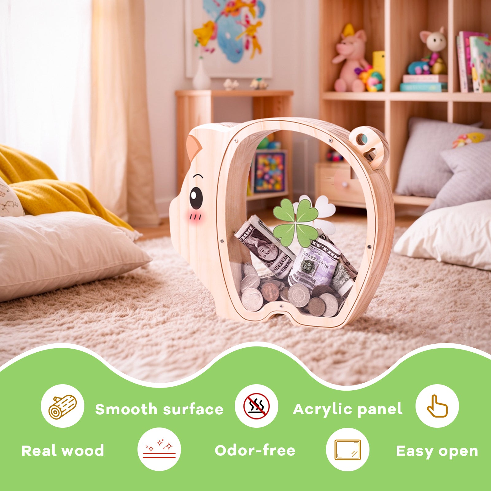 Wooden Piggy Bank - Classic Money Keeper with Modern Transparent Design