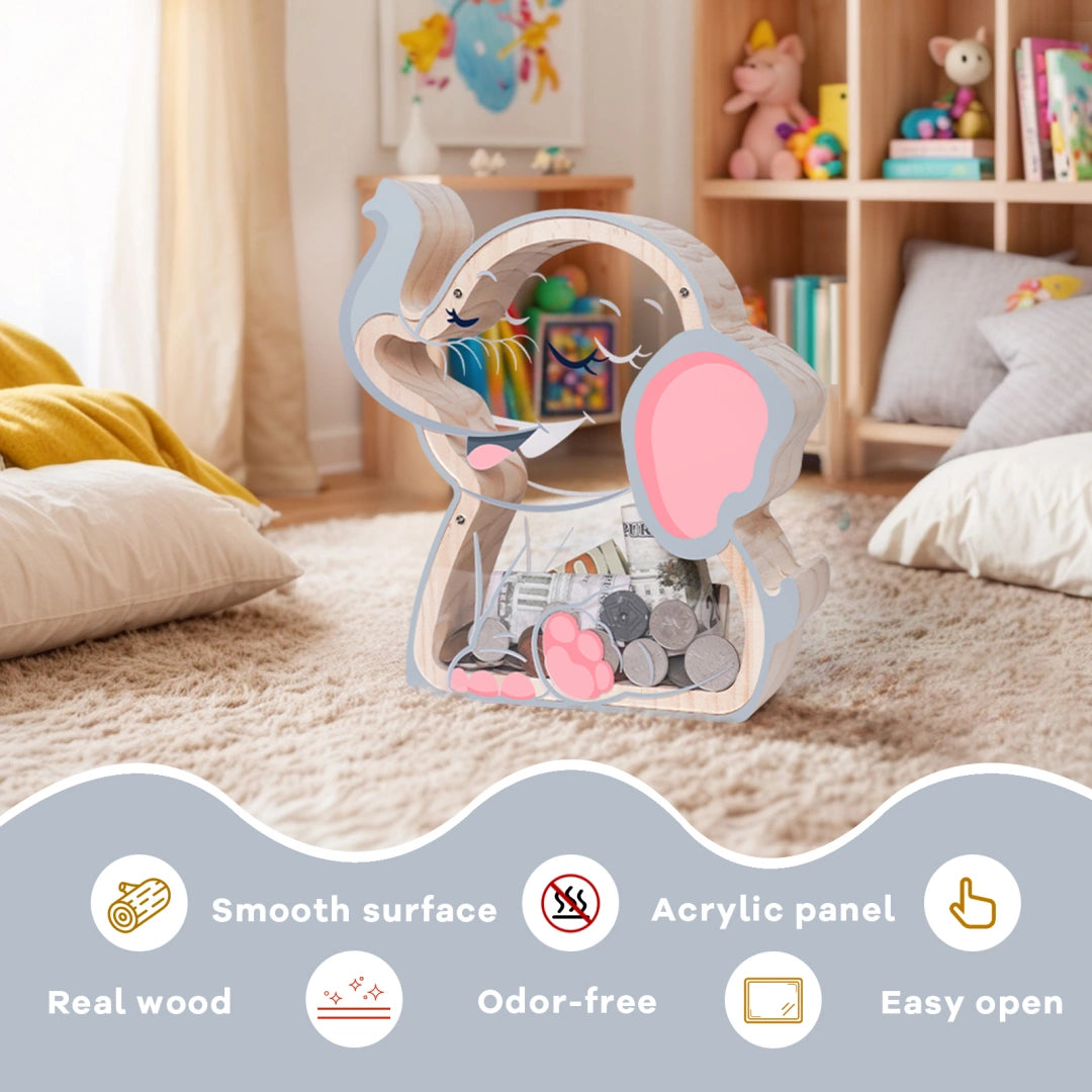 Wooden Elephant Piggy Bank for Kids, Unbreakable Money Box for Boys Girls, Toddler Money Bank with Letter Stickers, Christmas Birthday Gift, Educational Toy Money Jar