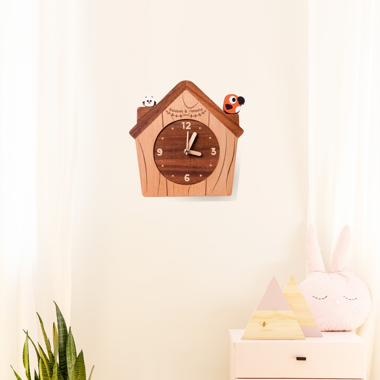 Wooden House Clock with Cute Bird Accents – Charming Kids Room Decor