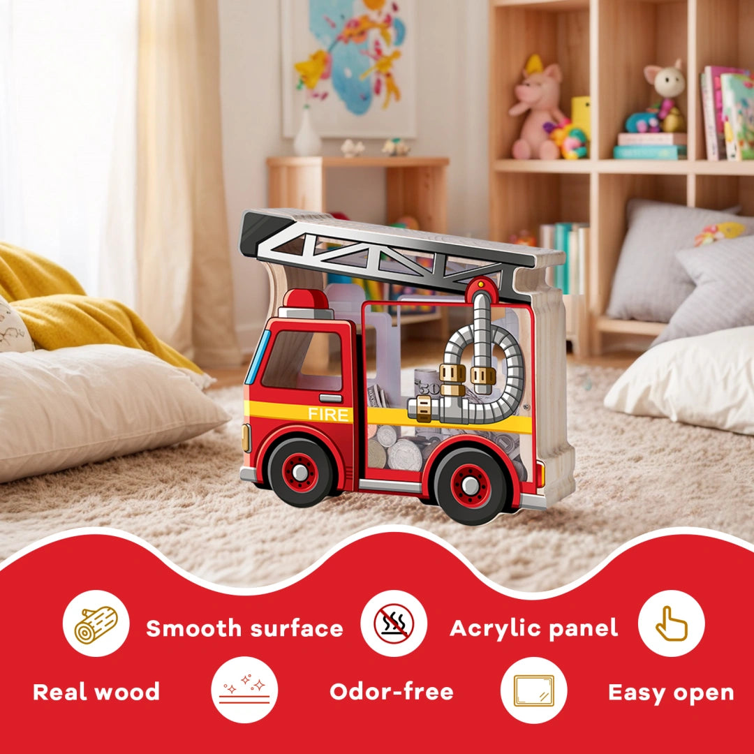 Wooden Piggy Bank for Kids, Fire Truck Piggy Bank with Acrylic Panels, Unbreakable Toddler Money Box for Boys and Girls, DIY Kids Safe Coin Box with Letter Sticker, Birthday Gift Visit the Uniwooder Store