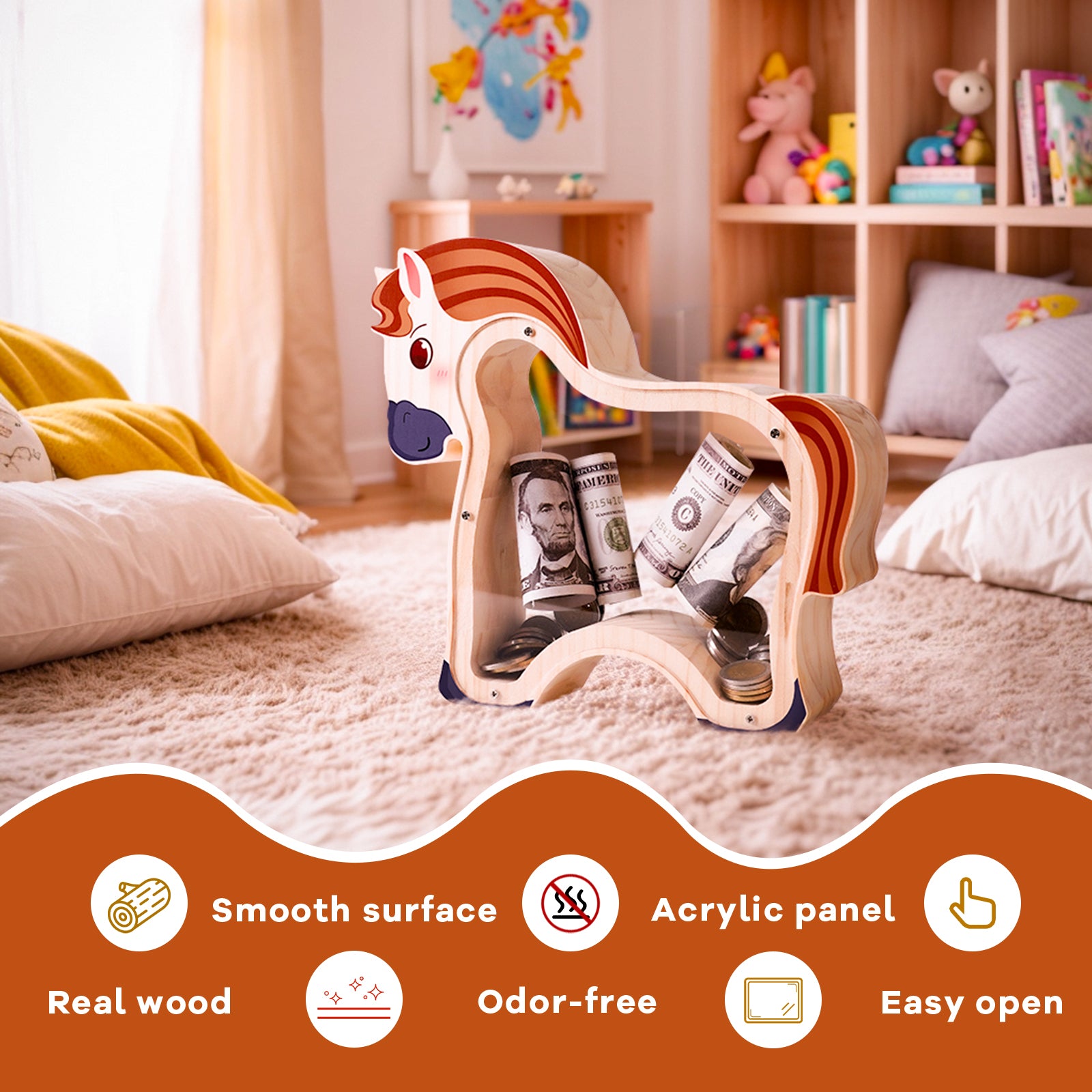 Wooden Horse Piggy Bank: Elegant Money Keeper & Decorative Gift