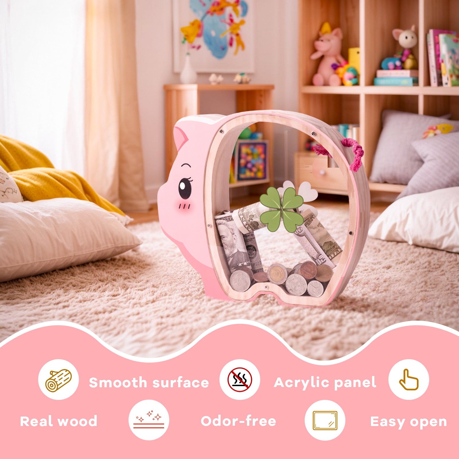 Wooden Piggy Bank - Classic Money Keeper with Modern Transparent Design