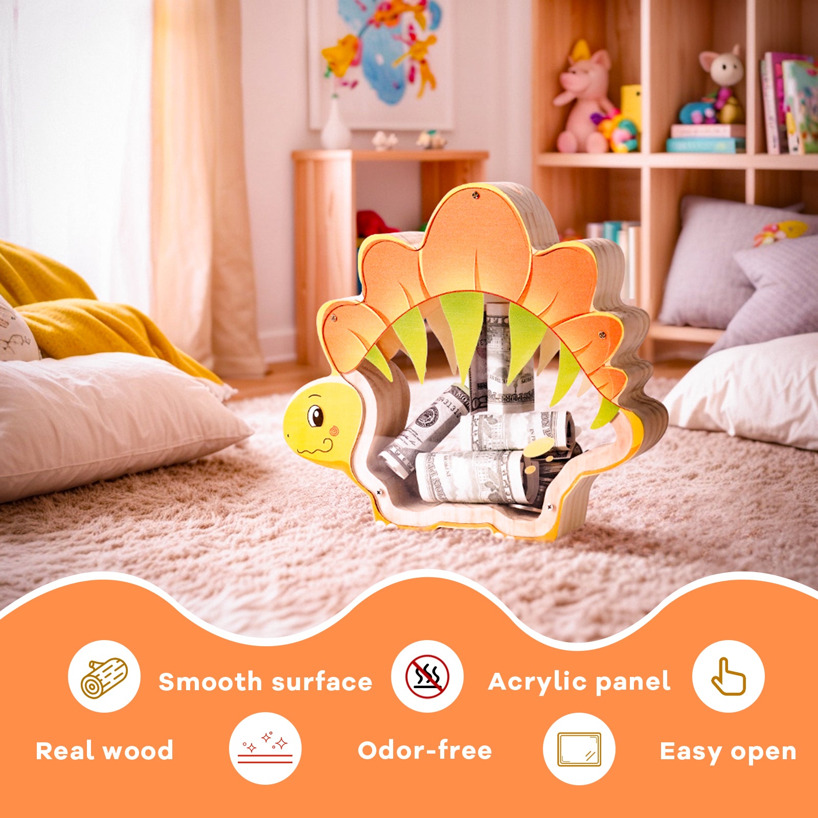 Wooden Stegosaurus Piggy Bank - Prehistoric Savings Fun with Personalization Stickers