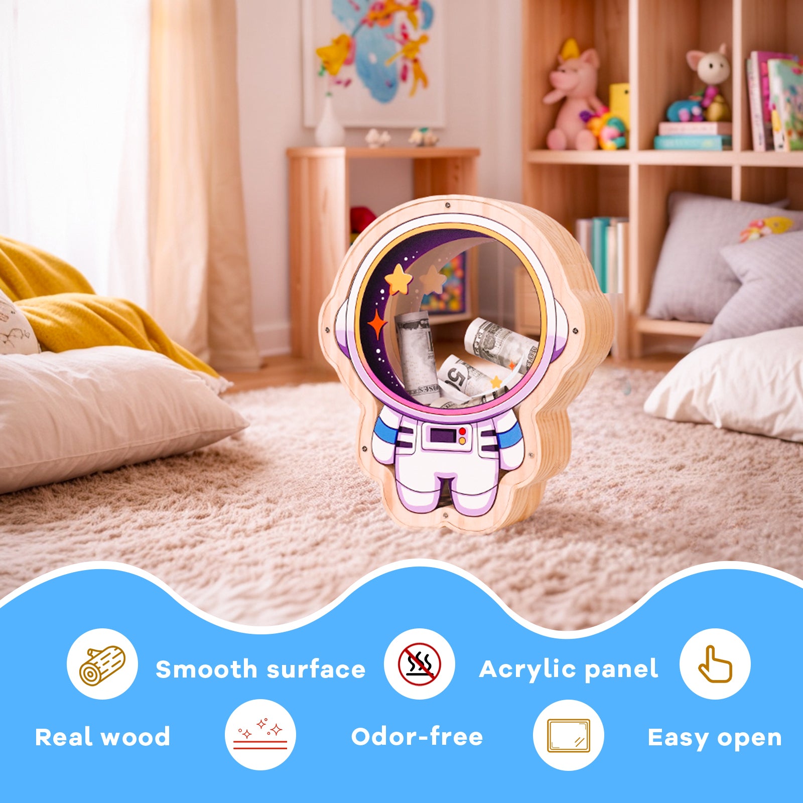 Wooden Astronaut Piggy Bank for Kids – Transparent Acrylic Money Box, Real Wood Space-Themed Coin Bank Gift