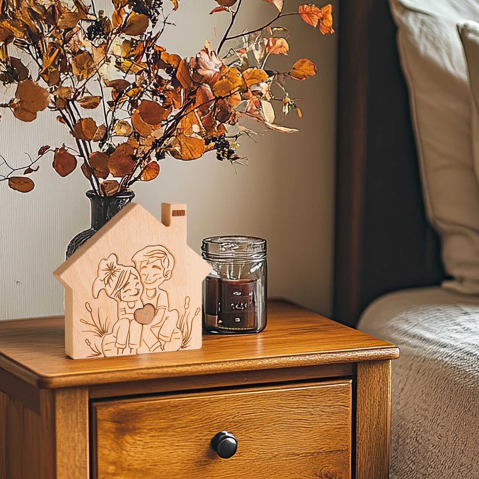 "Home is Where the Heart Is" Wooden Couple Statue - Romantic Home Decor & Gift