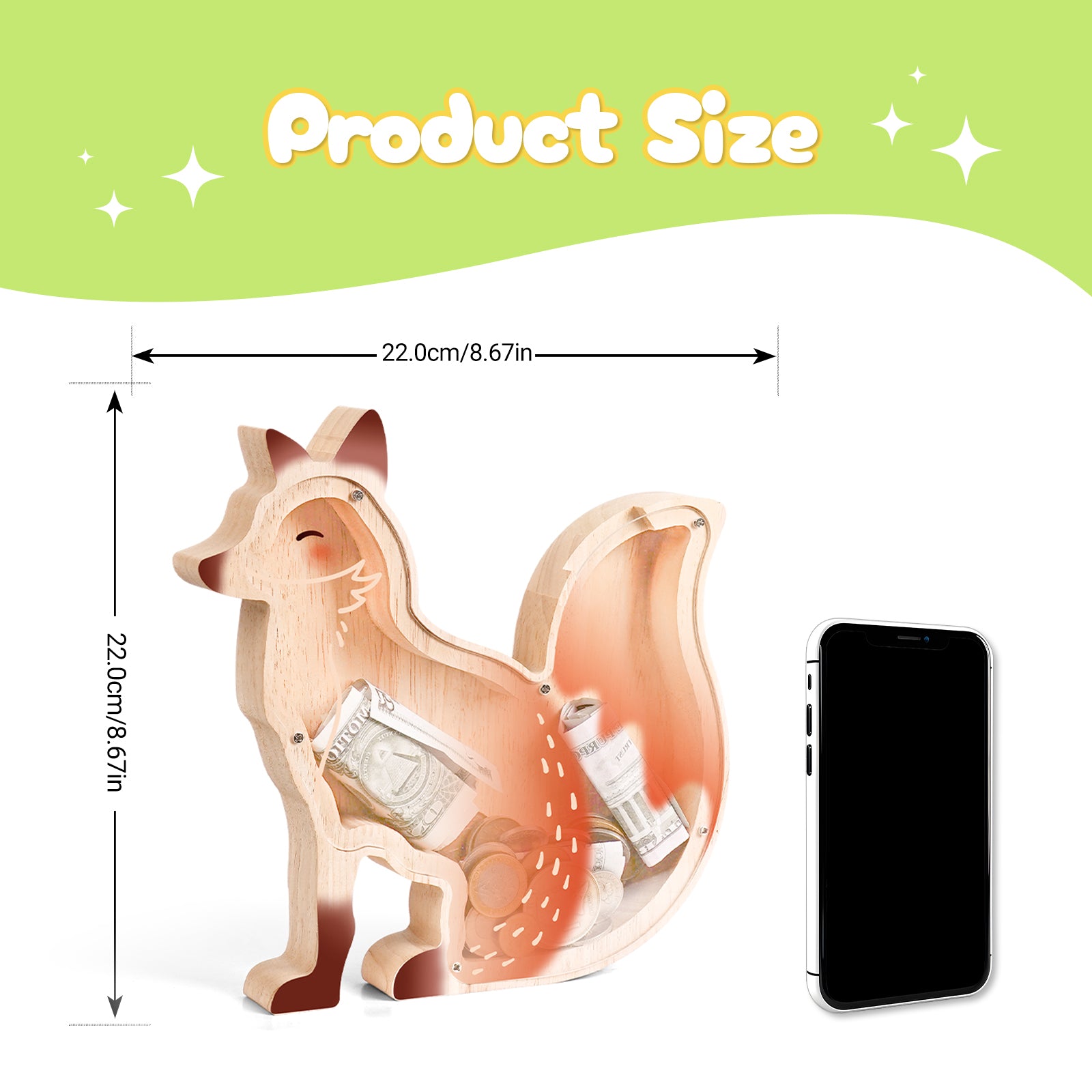 Wooden Fox Piggy Bank - Adorable & Safe Money Box for Kids & Fox Lovers