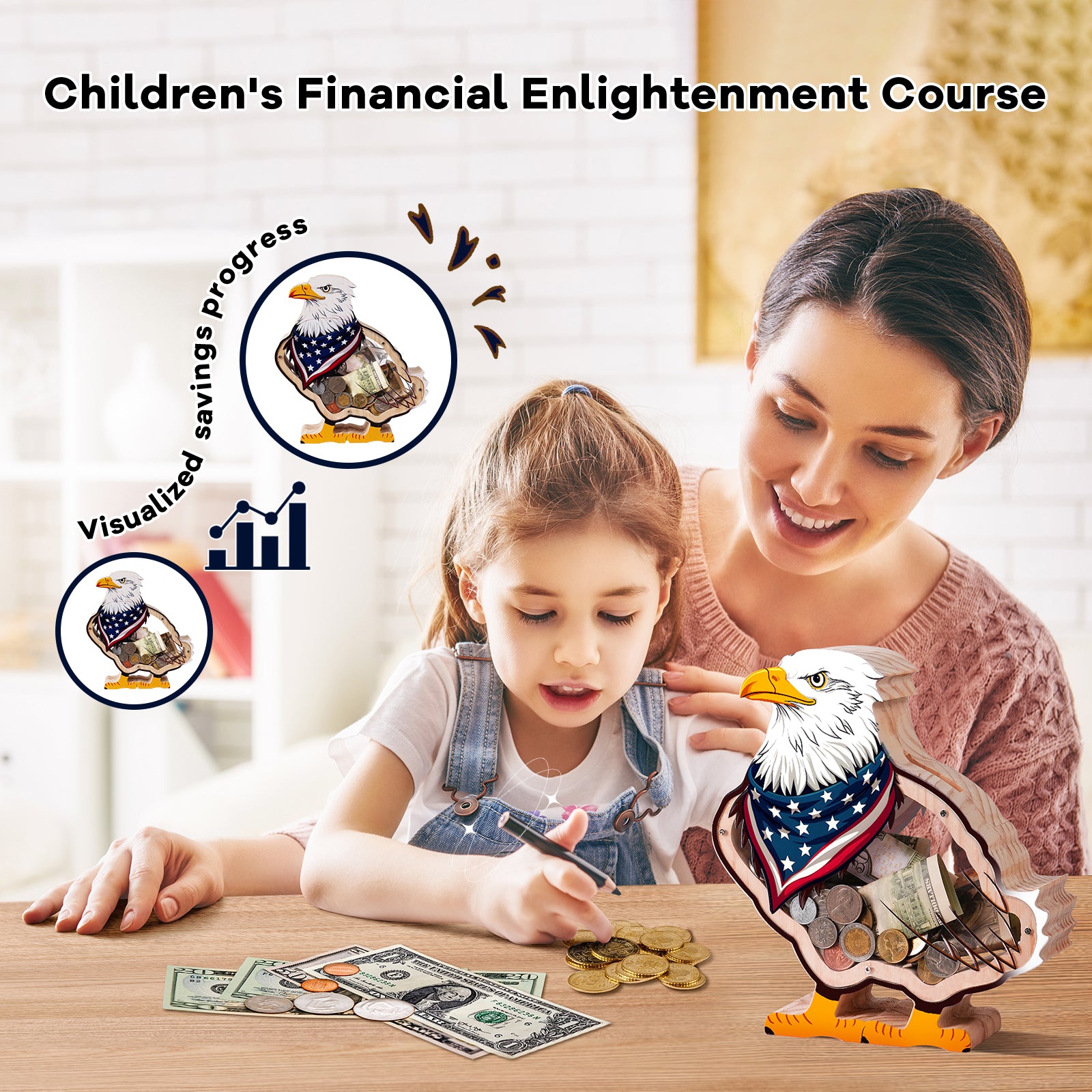American Eagle Wooden Coin Bank – Patriotic Gift for Kids, Grandchildren, and Families