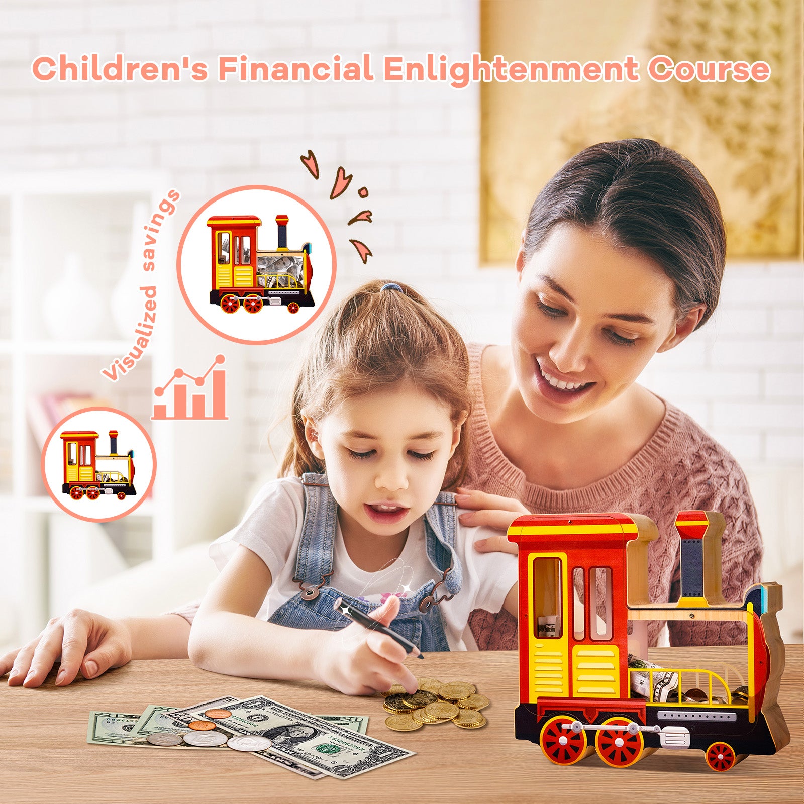 Wooden Locomotive Piggy Bank for Kids, Train Money Box with Acrylic Panels