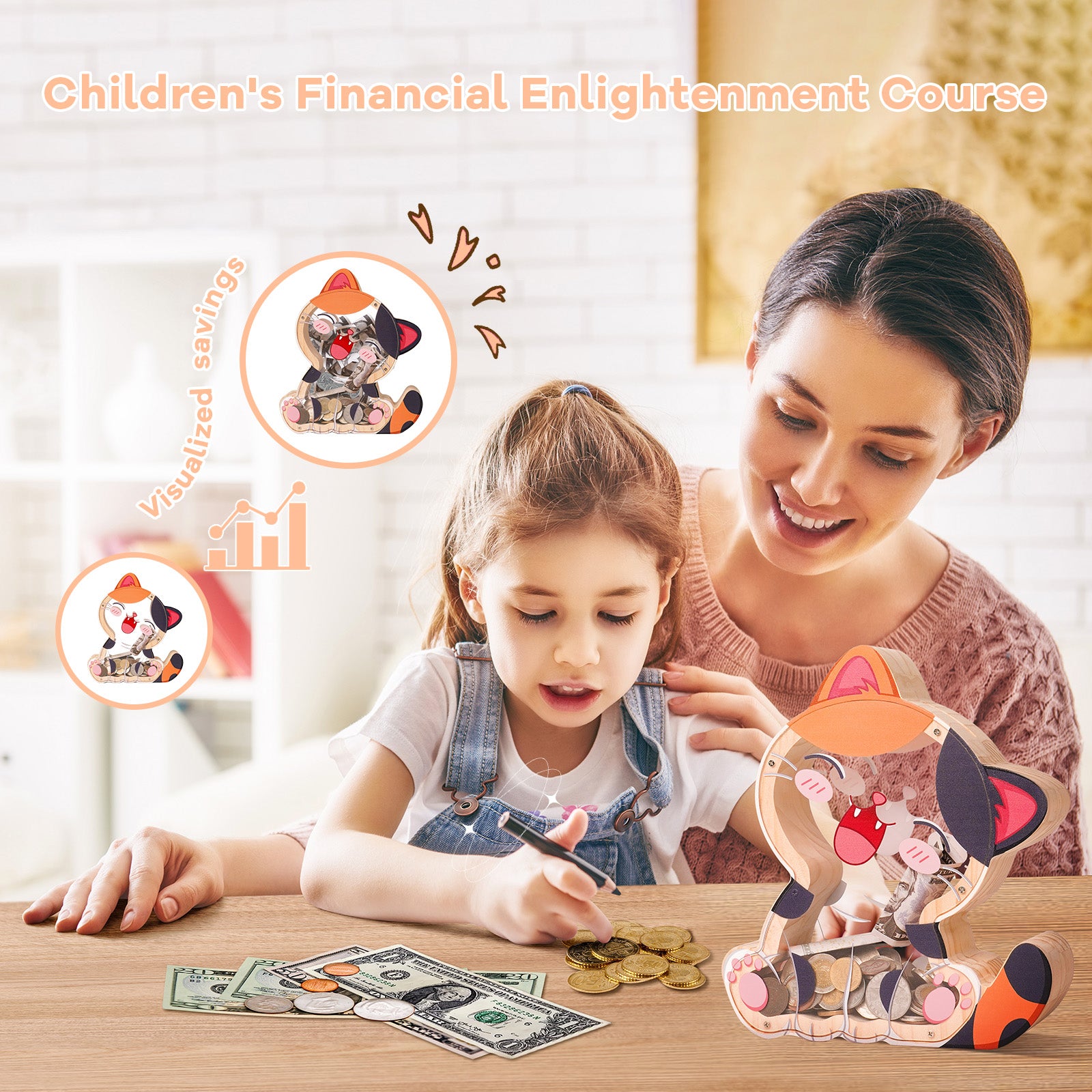 Wooden Cat Piggy Bank for Kids, Cute Money Box with Acrylic Panels, Unbreakable Toddler Saving Coin Jar for Boys Girls, Kids Coin Bank with Letter Sticker for Birthday, Christmas, Home Décor