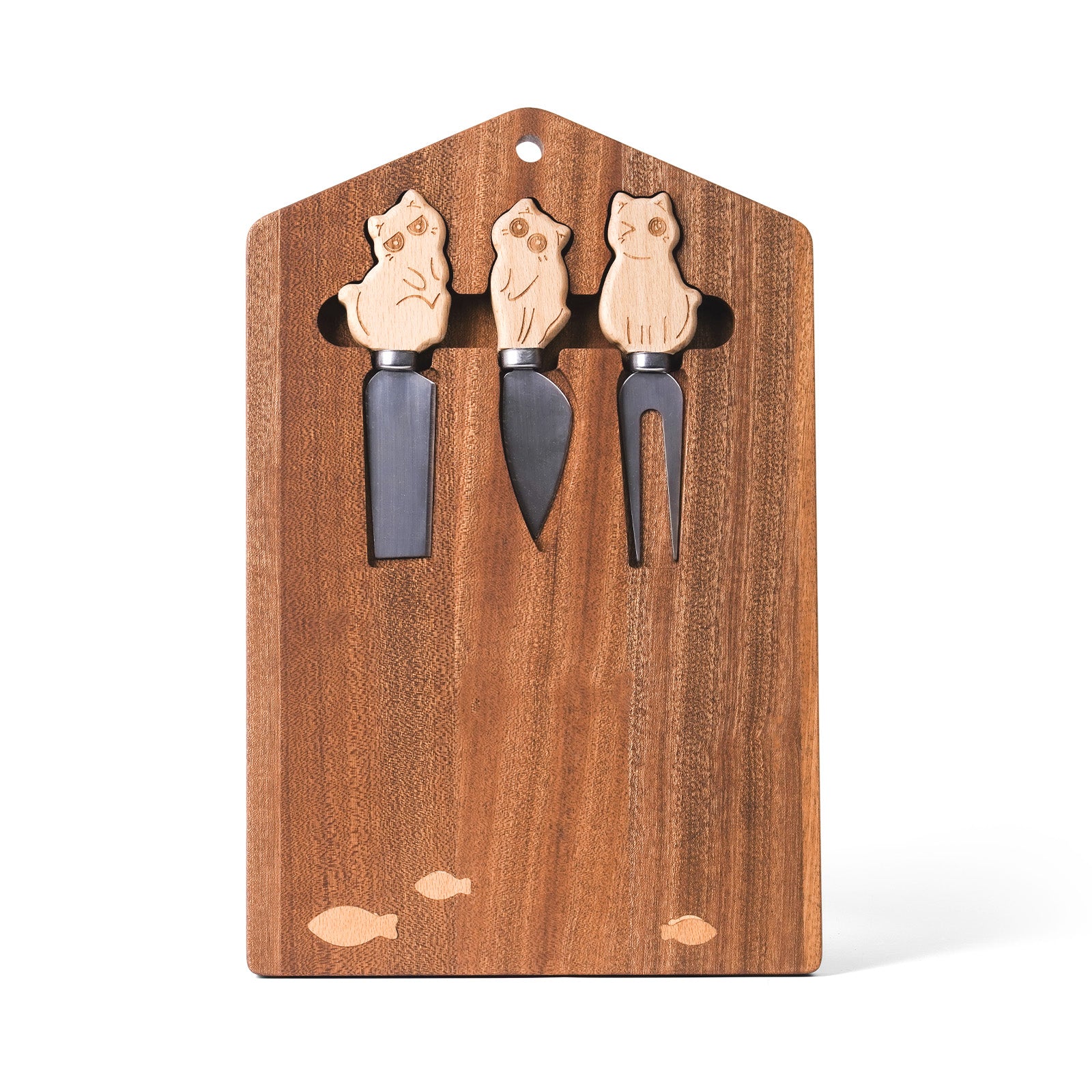 Wooden Cat-Themed Cheese Knife Set – Adorable Cat Design on Cutting Board – Perfect Gift for Cat Lovers