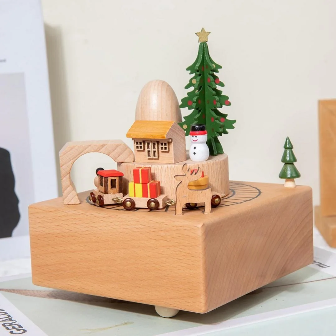 Wooden Christmas Music Box - Enchanting Rotating Train & Holiday Decor