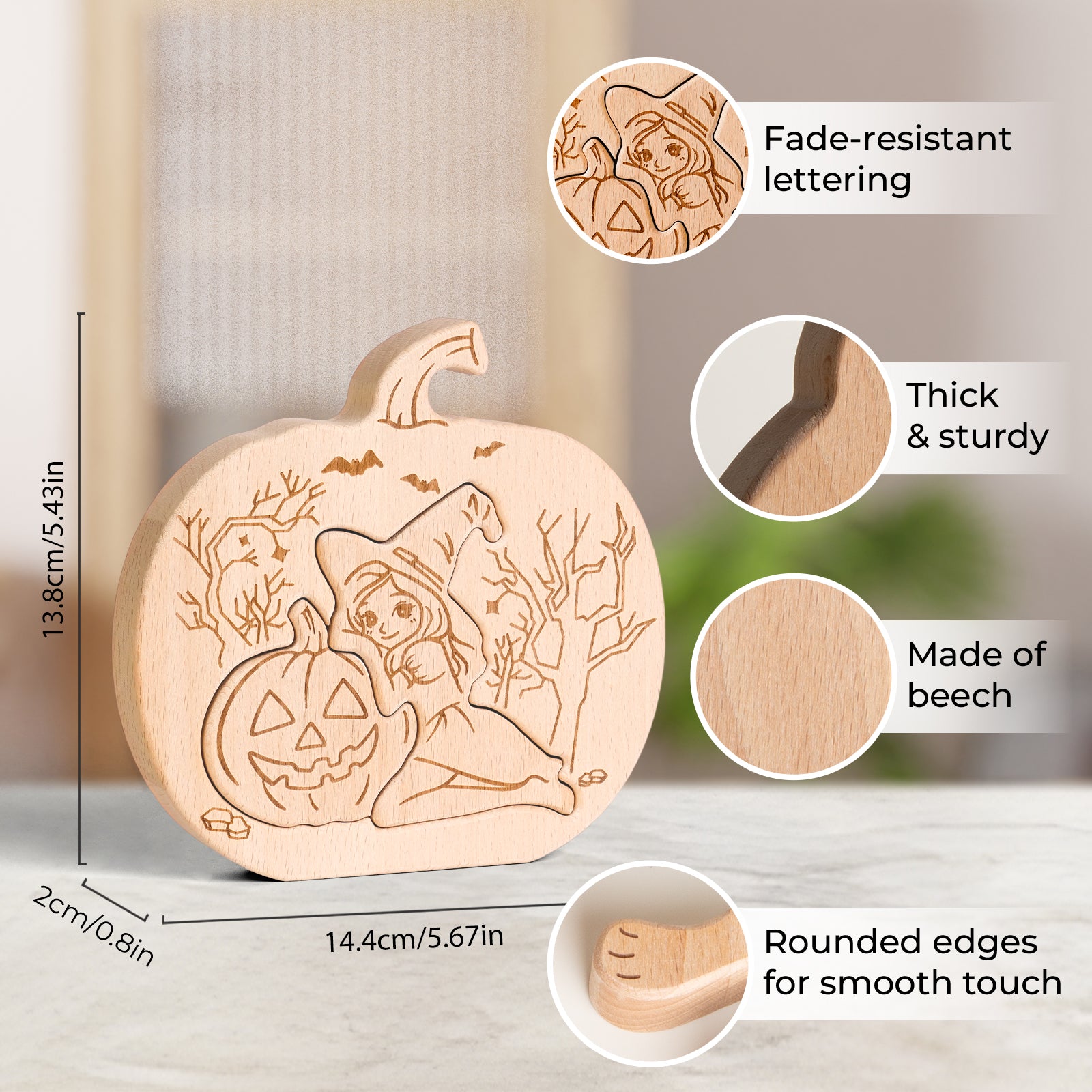Wooden Halloween Pumpkin Puzzle – Witch & Jack-O'-Lantern Decorative Ornament for Kids & Adults, Fall Home Décor, Unique Gift Idea