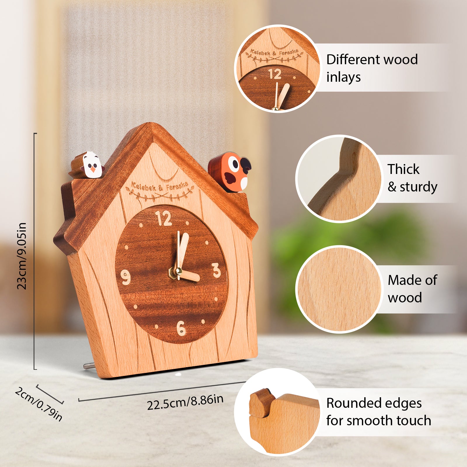 Wooden House Clock with Cute Bird Accents – Charming Kids Room Decor