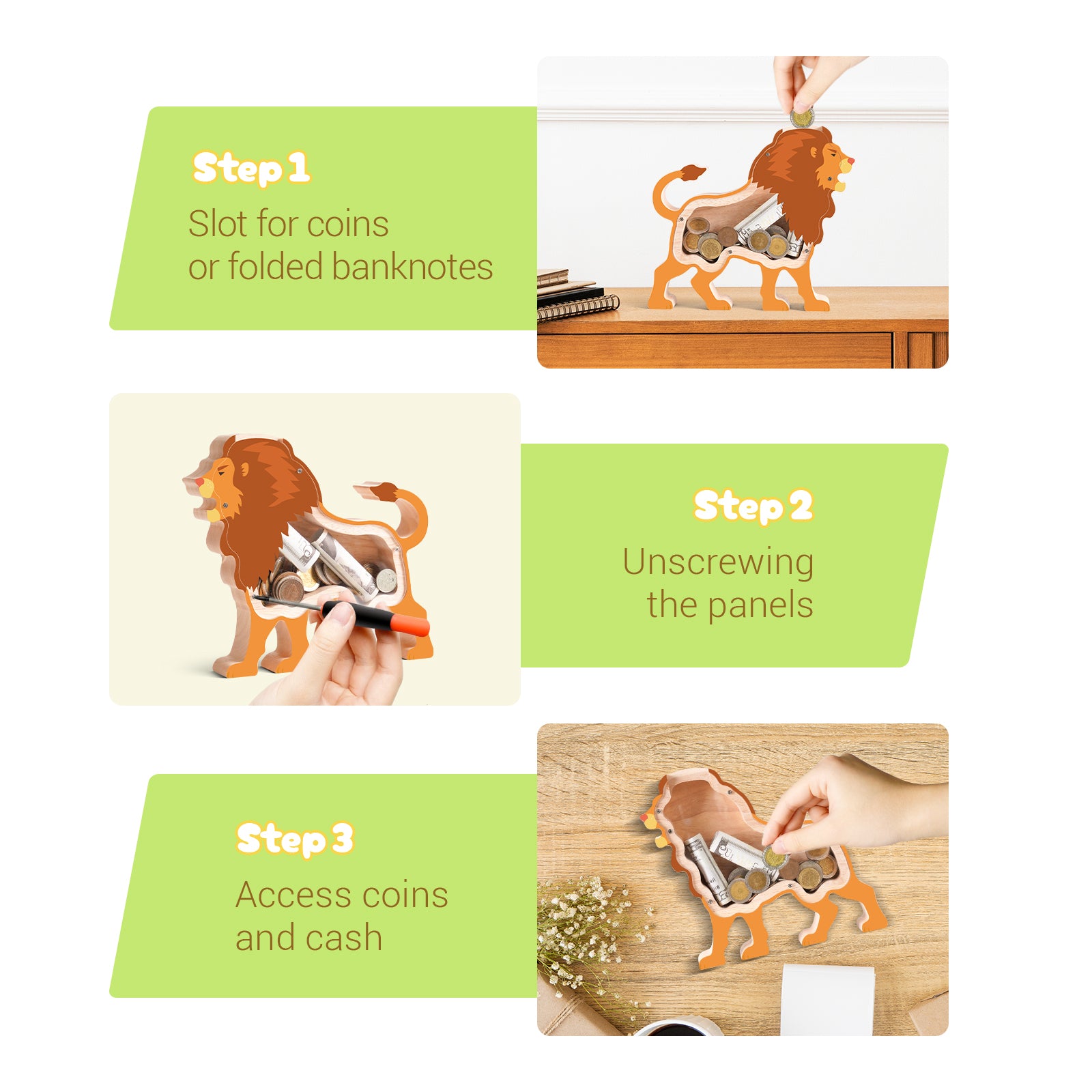 Wooden Lion Piggy Bank for Kids, Lion Piggy Bank with Acrylic Panels