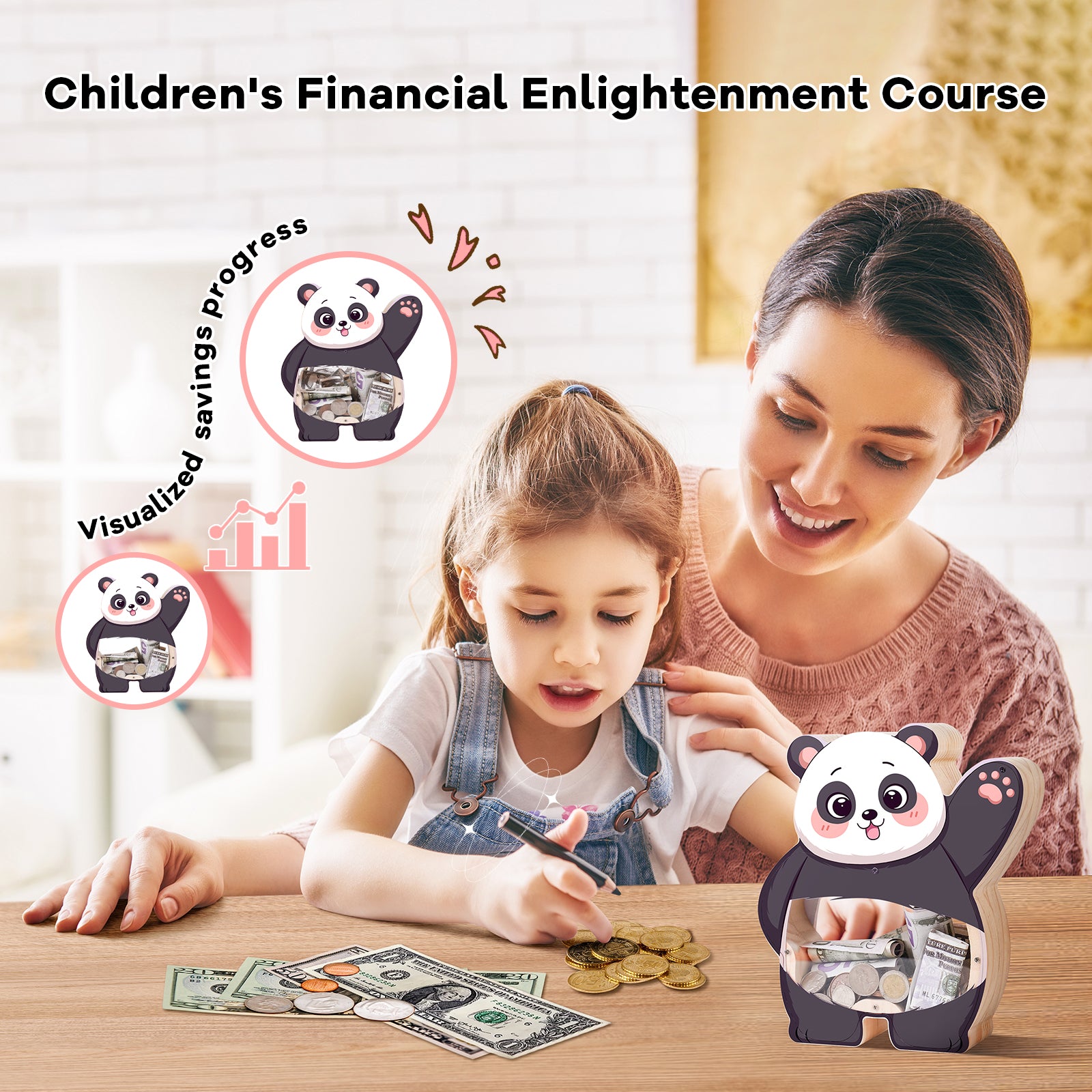 Cute Panda Wooden Transparent Piggy Bank