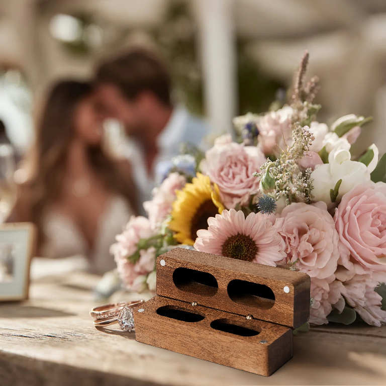 Elegant Long Wooden Ring Box for Two Rings – Wedding, Proposal & Engagement Jewelry Storage Gift
