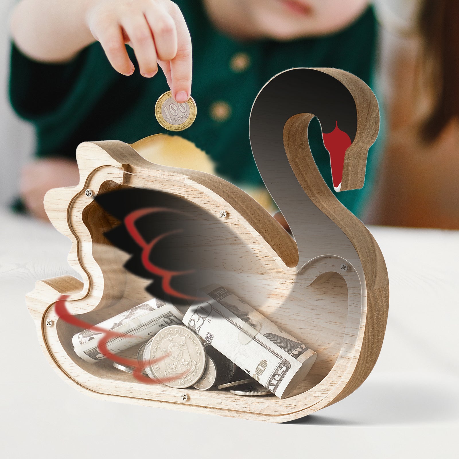 Elegant Black Swan Wooden Coin Bank – Single-Sided Acrylic Design, Decorative Gift for Kids & Families