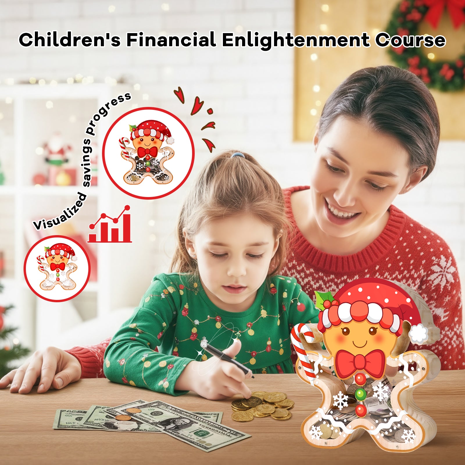 Wooden Christmas Piggy Bank for Kids, Gingerbread Man Money Bank