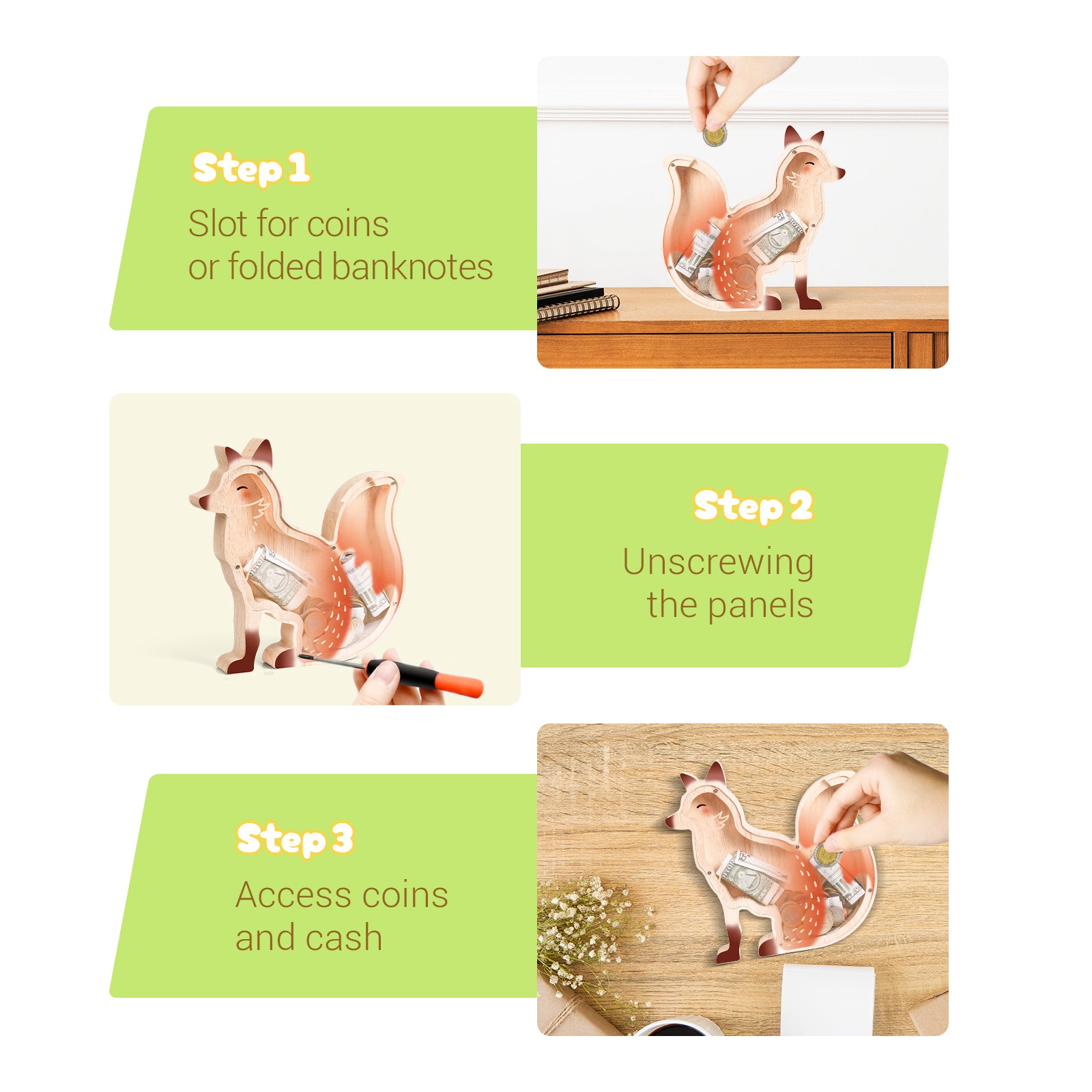 Wooden Fox Piggy Bank - Adorable & Safe Money Box for Kids & Fox Lovers