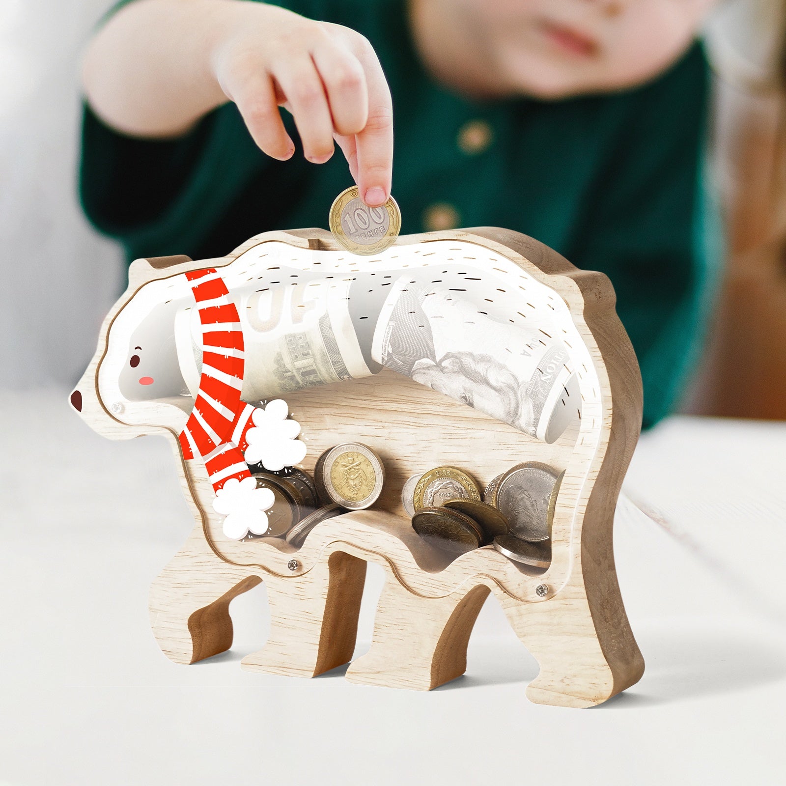 Wooden Christmas Bear Piggy Bank for Kids, Adorable Bear Piggy Bank with Acrylic Panels, Unbreakable Toddler Money Box for Boys Girls, Cute Christmas Saving Coin Jar for Birthday, Decor