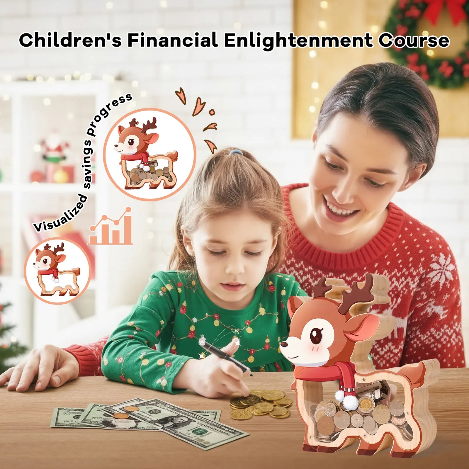 Christmas Wooden Piggy Bank Collection  (Santa, Tree, Reindeer, Gingerbread & Gift Box)