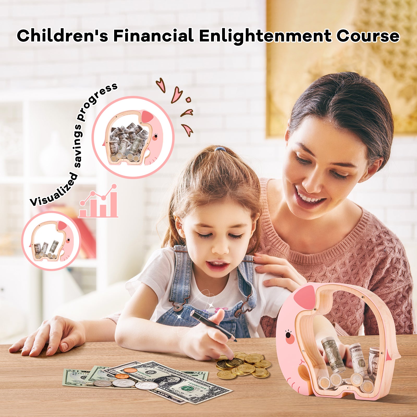 Wooden Elephant Piggy Bank - Adorable Dual-View Coin Keeper with Personalization Stickers