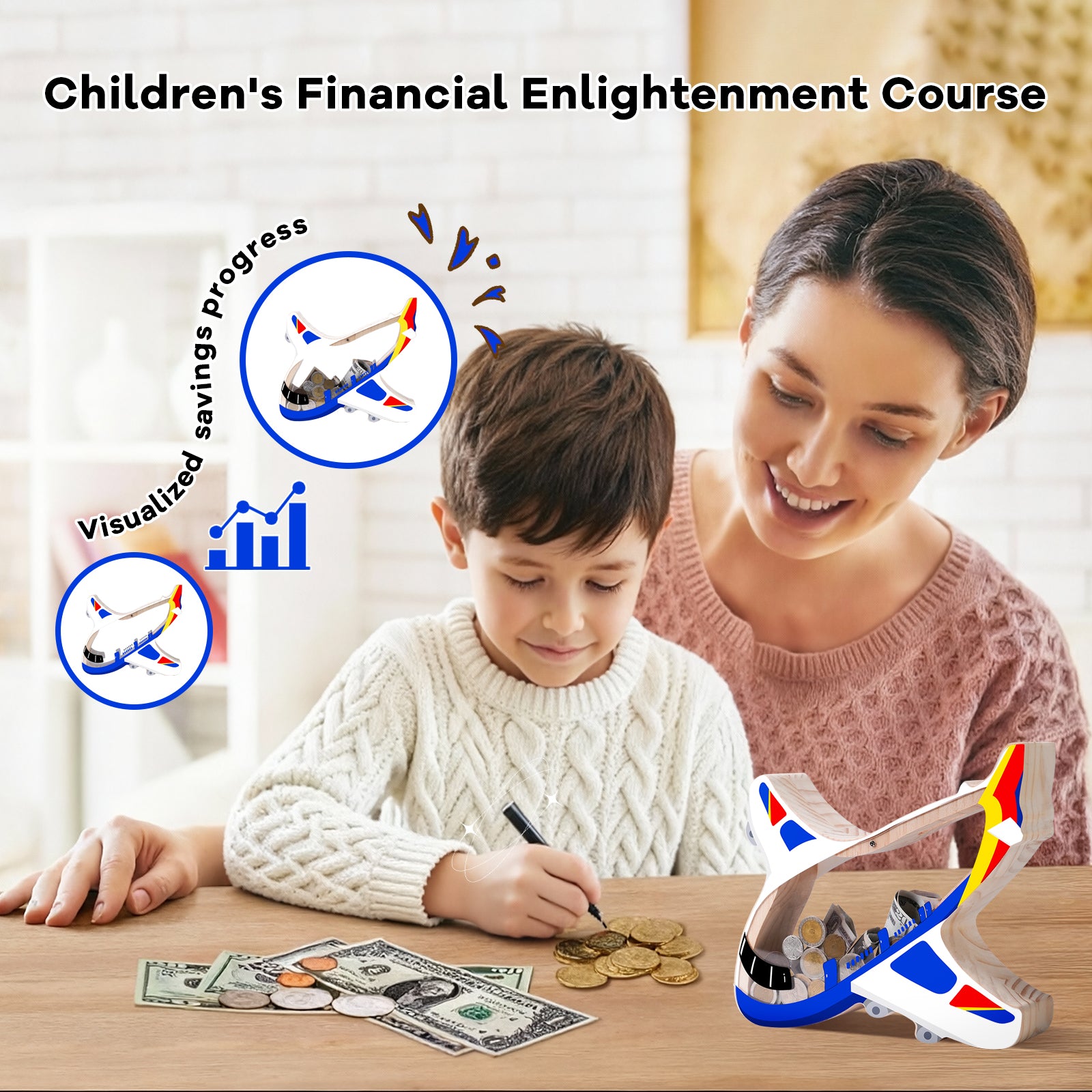 Airplane-Shaped Wooden Piggy Bank – Unique Coin & Cash Saver for Kids, Fun Savings Jar for Boys and Girls