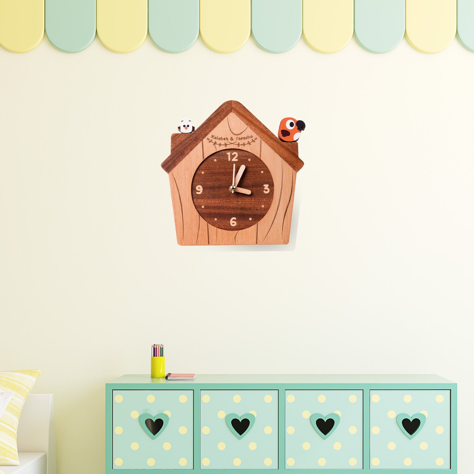 Wooden House Clock with Cute Bird Accents – Charming Kids Room Decor