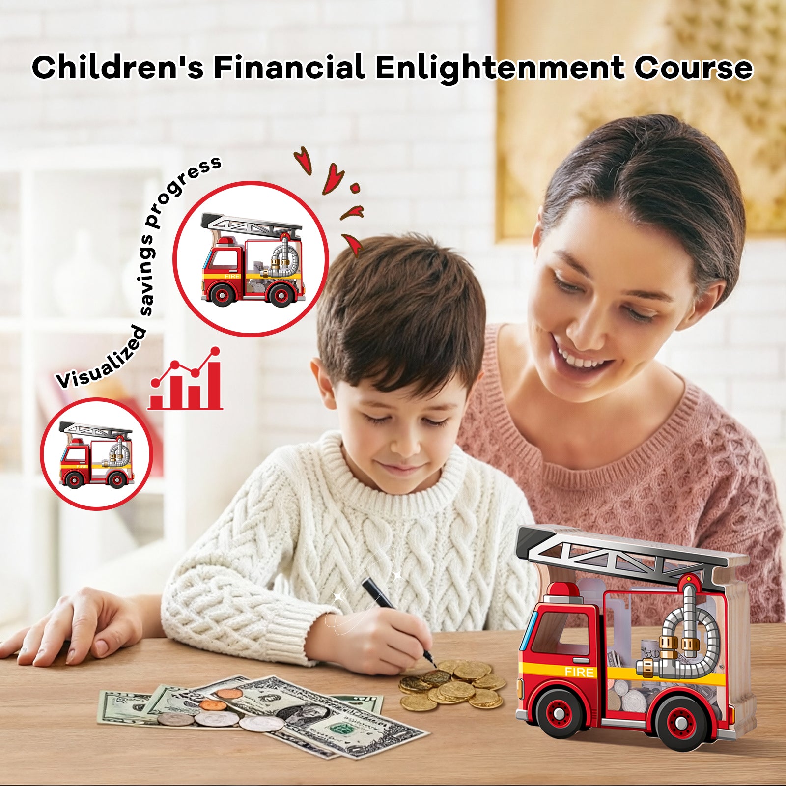 Wooden Piggy Bank for Kids, Fire Truck Piggy Bank with Acrylic Panels, Unbreakable Toddler Money Box for Boys and Girls, DIY Kids Safe Coin Box with Letter Sticker, Birthday Gift Visit the Uniwooder Store