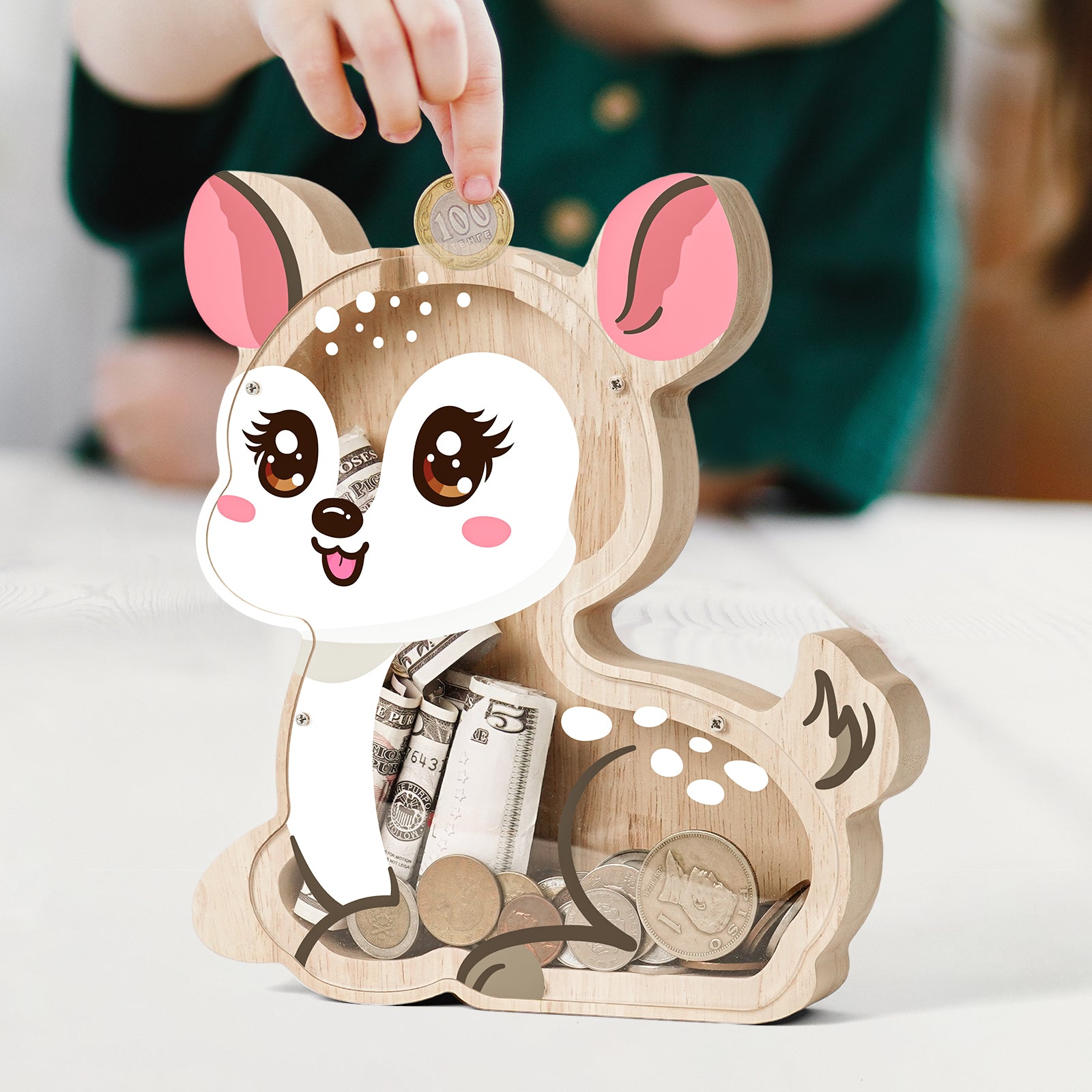 Wooden Deer Coin Bank with Clear Front – Cute Single-Sided Piggy Bank for Kids & Families