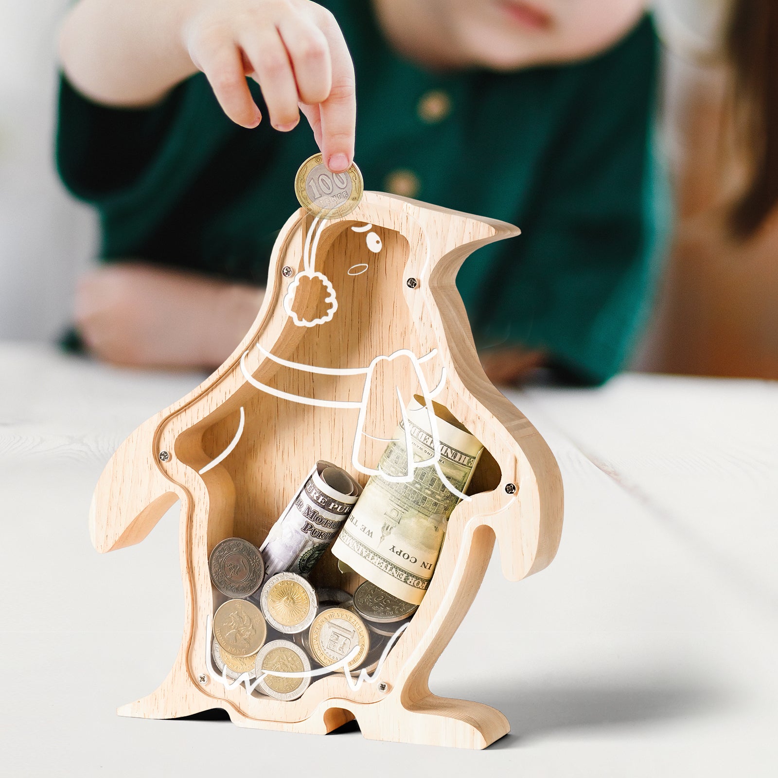Wooden Penguin Piggy Bank: Animal Style, Indestructible, Great Gift