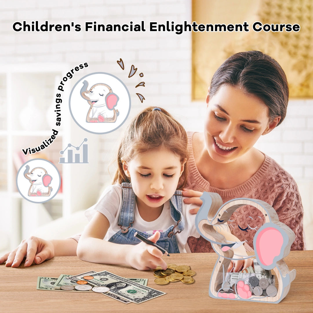 Wooden Elephant Piggy Bank for Kids, Unbreakable Money Box for Boys Girls, Toddler Money Bank with Letter Stickers, Christmas Birthday Gift, Educational Toy Money Jar