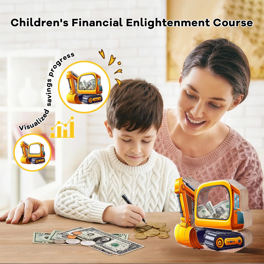 Wooden Excavator Piggy Bank for Kids,Tracked Excavator Money Box,Unbreakable Toddler Saving Coin Jar,Educatinal Toy for Boys Girls, Kids Coin Bank with Letter Sticker for Birthday,Christmas
