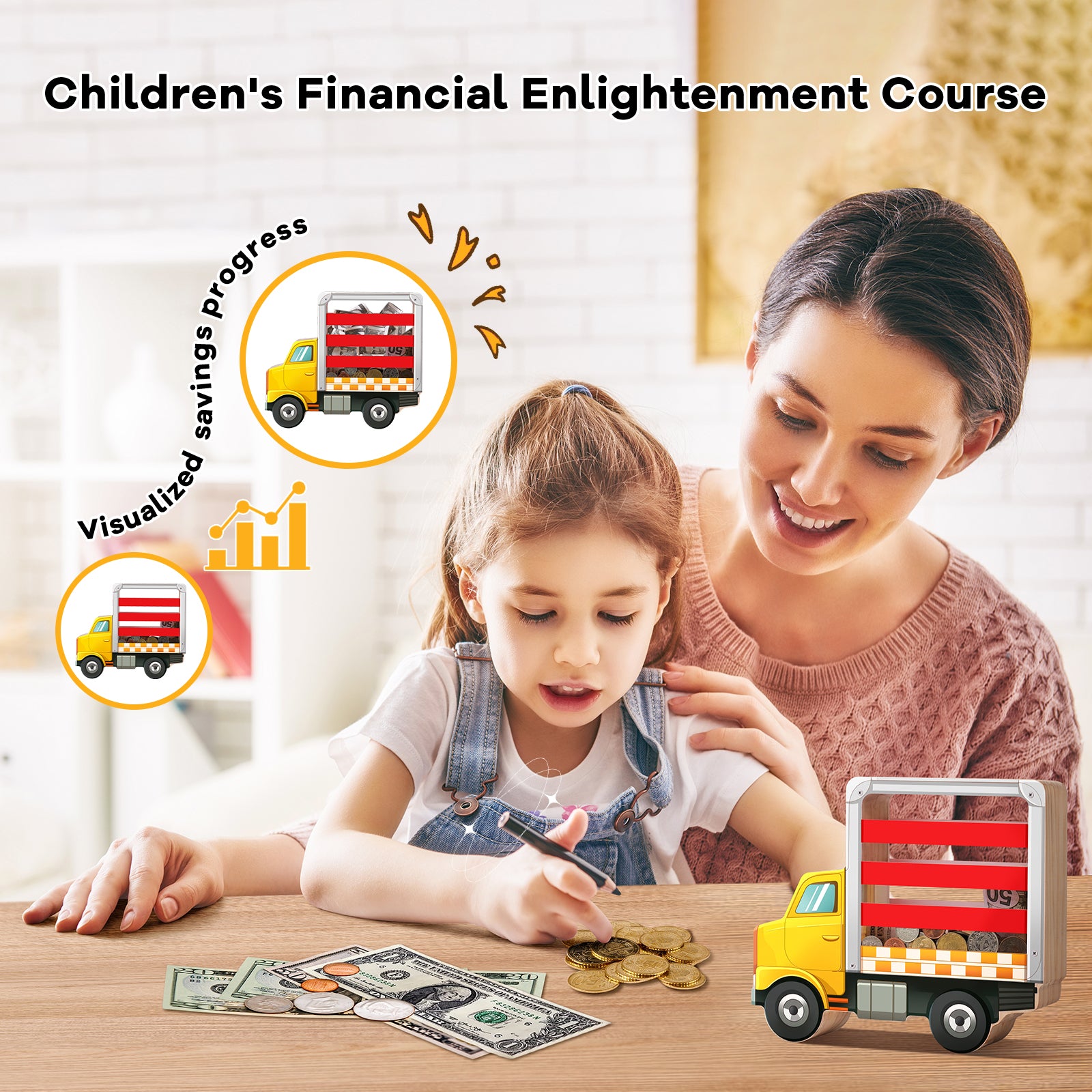 Wooden Truck Coin Bank with Double Transparent Sides – Fun & Durable Piggy Bank for Kids